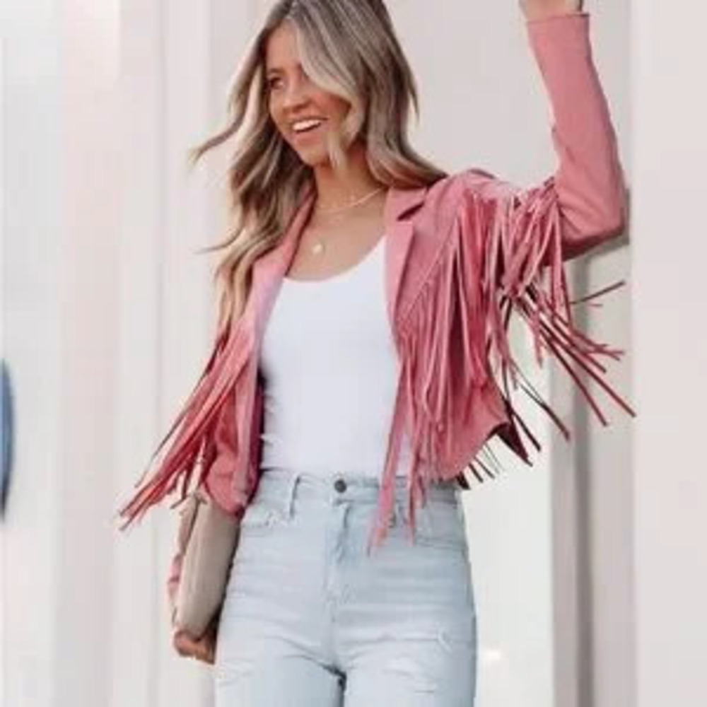 Stylish Pink Fringe Women's Jacket boho blazer - Picture 4 of 5